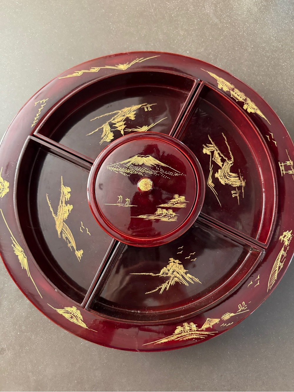 Vintage Japanese Ruby Red Lacquerware with Gold Designs Hors d’Oeuvre Set MCM